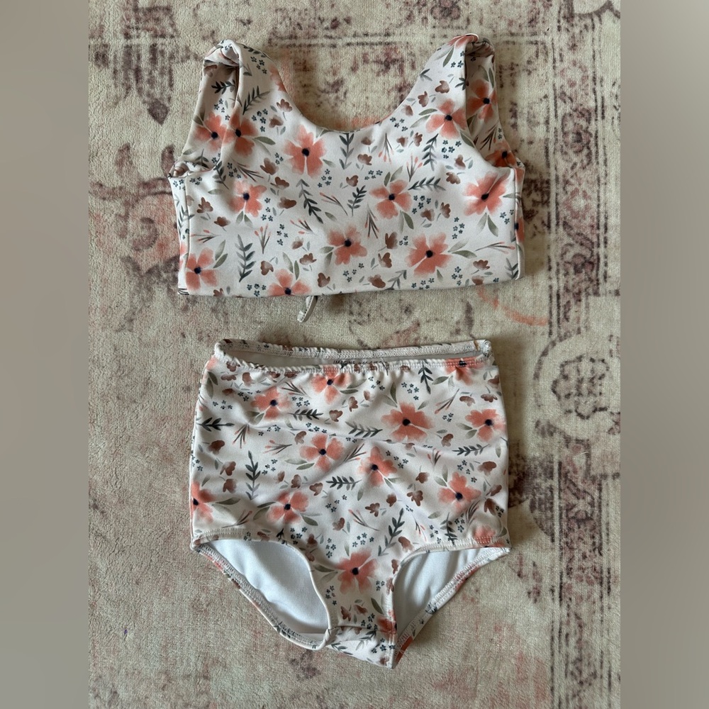 Imagine Perry 2T Floral High-Waist Kids Bikini Set - White with Coral Flowers